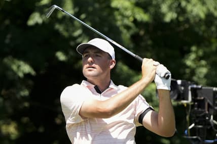 May 27, 2022; Fort Worth, Texas, USA; Scottie Scheffler plays his shot from the eighth tee during the second round of the Charles Schwab Challenge golf tournament. Mandatory Credit: Jim Cowsert-USA TODAY Sports