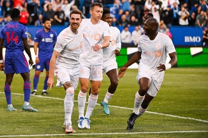 May 28, 2022; Montreal, Quebec, CAN; CF Montreal defender Joel Waterman (16) celebrates after scoring a goal during the first half at Stade Saputo. Mandatory Credit: David Kirouac-USA TODAY Sports