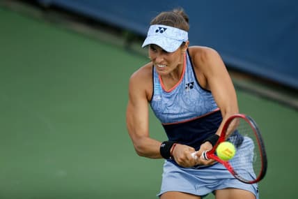 Monica Puig returns a serve in the second set during the Western & Southern Open match between Monica Puig and Yafan Wang at the Lindner Family Tennis Center in Mason, Ohio, on Tuesday, Aug. 13, 2019. Wang advanced with a 3-6, 7-5, 6-3 win. 

Monica Puig Vs Yafan Wang Western Southern Open