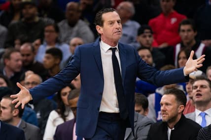 Jan 15, 2020; Philadelphia, Pennsylvania, USA; Brooklyn Nets head coach Kenny Atkinson reacts during the second quarter against the Philadelphia 76ers at Wells Fargo Center. Mandatory Credit: Bill Streicher-USA TODAY Sports
