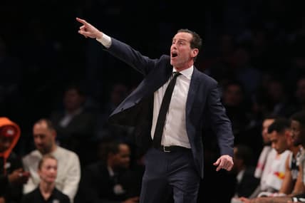 Mar 4, 2020; Brooklyn, New York, USA; Brooklyn Nets head coach Kenny Atkinson reacts during the second quarter against the Memphis Grizzlies at Barclays Center. Mandatory Credit: Brad Penner-USA TODAY Sports