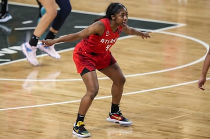 May 27, 2021; College Park, Georgia, USA; Atlanta Dream guard Aari McDonald (4) defends against the Dallas Wings during the second half at Gateway Center Arena at College Park. Mandatory Credit: Dale Zanine-USA TODAY Sports