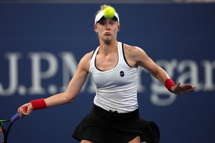 Aug 31, 2021; Flushing, NY, USA; Alison Riske of the United States hits to Anastasia Pavlyuchenkova of Russia on day two of the 2021 U.S. Open tennis tournament at USTA Billie Jean King National Tennis Center. Mandatory Credit: Danielle Parhizkaran-USA TODAY Sports