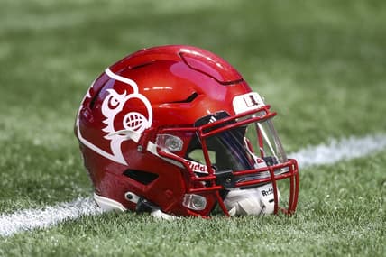 Sep 6, 2021; Atlanta, Georgia, USA; Detailed view of a Louisville Cardinals helmet on the field before a game against the Mississippi Rebels at Mercedes-Benz Stadium. Mandatory Credit: Brett Davis-USA TODAY Sports