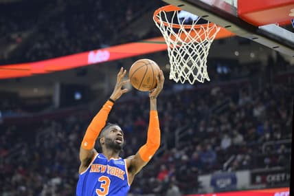 Jan 24, 2022; Cleveland, Ohio, USA; New York Knicks center Nerlens Noel (3) drives to the basket in the second quarter against the Cleveland Cavaliers at Rocket Mortgage FieldHouse. Mandatory Credit: David Richard-USA TODAY Sports