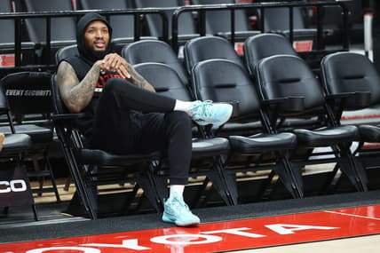 Feb 9, 2022; Portland, Oregon, USA;  Portland Trail Blazers guard Damian Lillard (0) during shoot around before Portland plays Los Angeles Lakers at Moda Center. Mandatory Credit: Jaime Valdez-USA TODAY Sports