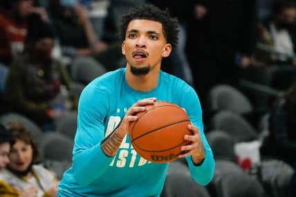 Feb 12, 2022; Charlotte, North Carolina, USA; Charlotte Hornets guard James Bouknight (5) before the start between the Charlotte Hornets and the Memphis Grizzlies at the Spectrum Center. Mandatory Credit: Jim Dedmon-USA TODAY Sports