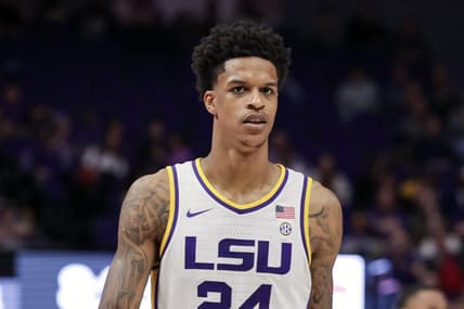Feb 26, 2022; Baton Rouge, Louisiana, USA;  LSU Tigers forward Shareef O'Neal (24) looks on during the second half against the Missouri Tigers at the Pete Maravich Assembly Center. Mandatory Credit: Stephen Lew-USA TODAY Sports