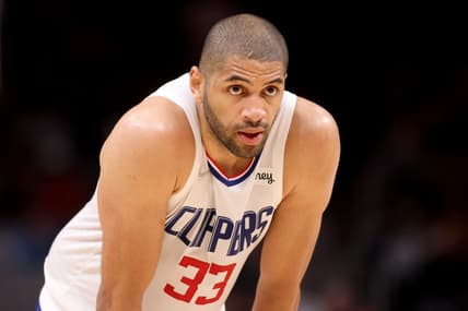 Mar 11, 2022; Atlanta, Georgia, USA; LA Clippers forward Nicolas Batum (33) reacts to a play during their game against the Atlanta Hawks at State Farm Arena. Mandatory Credit: Jason Getz-USA TODAY Sports