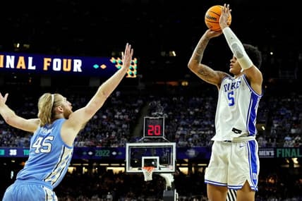 Apr 2, 2022; New Orleans, LA, USA; Duke Blue Devils forward Paolo Banchero (5) shoots the ball against North Carolina Tar Heels forward Brady Manek (45) in the 2022 NCAA men's basketball tournament Final Four semifinals at Caesars Superdome. Mandatory Credit: Robert Deutsch-USA TODAY Sports