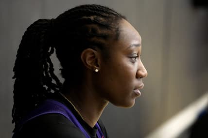 Apr 21, 2022; Phoenix, Arizona, USA; Phoenix Mercury center Tina Charles talks to the press at Verizon 5G Performance Center. Mandatory Credit: Cheryl Evans/The Republic via USA TODAY NETWORK