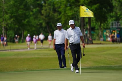 Apr 24, 2022; Avondale, Louisiana, USA; Jay Haas walks on the ninth green during the final round of the Zurich Classic of New Orleans golf tournament. Mandatory Credit: Andrew Wevers-USA TODAY Sports
