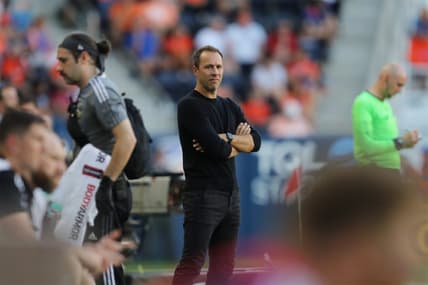 Apr 24, 2022; Cincinnati, Ohio, USA; The Los Angeles FC head coach Steve Cherundolo looks on in the second half against the FC Cincinnati at TQL Stadium. Mandatory Credit: Katie Stratman-USA TODAY Sports