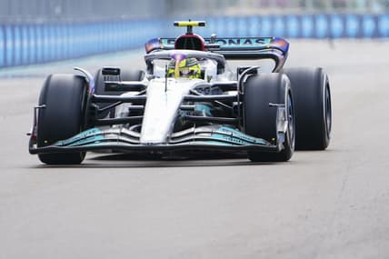 May 8, 2022; Miami Gardens, Florida, USA; Mercedes driver Lewis Hamilton of Britain races on the backstretch during the Miami Grand Prix at Miami International Autodrome. Mandatory Credit: John David Mercer-USA TODAY Sports