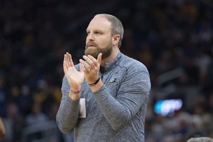 May 9, 2022; San Francisco, California, USA; Memphis Grizzlies head coach Taylor Jenkins claps after the game during the second quarter of game four of the second round for the 2022 NBA playoffs at Chase Center. Mandatory Credit: Kyle Terada-USA TODAY Sports