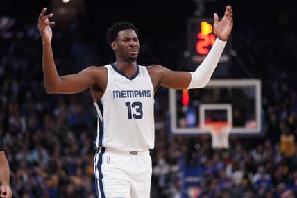May 13, 2022; San Francisco, California, USA; Memphis Grizzlies forward Jaren Jackson Jr. (13) reacts after being called for a foul against the Golden State Warriors in the third quarter during game six of the second round for the 2022 NBA playoffs at Chase Center. Mandatory Credit: Cary Edmondson-USA TODAY Sports