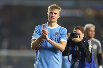 May 14, 2022; New York, New York, USA; New York City FC midfielder Keaton Parks (55) gestures to fans after the game against the Columbus Crew at Yankee Stadium. Mandatory Credit: Vincent Carchietta-USA TODAY Sports