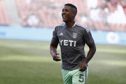 May 14, 2022; Sandy, Utah, USA; Austin FC midfielder Jhojan Valencia (5) works out prior to their game against the Real Salt Lake at Rio Tinto Stadium. Mandatory Credit: Jeffrey Swinger-USA TODAY Sports