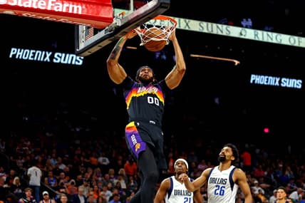 May 15, 2022; Phoenix, Arizona, USA; Phoenix Suns center JaVale McGee (00) dunks the ball against Dallas Mavericks guard Spencer Dinwiddie (26) during the fourth quarter in game seven of the second round for the 2022 NBA playoffs at Footprint Center. Mandatory Credit: Mark J. Rebilas-USA TODAY Sports
