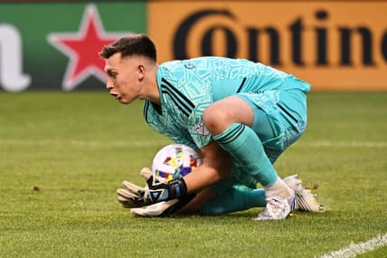 May 14, 2022; Chicago, Illinois, USA;  Chicago Fire FC goalkeeper Gaga Slonina (1) defends the net against FC Cincinnati at Soldier Field. Mandatory Credit: Jamie Sabau-USA TODAY Sports
