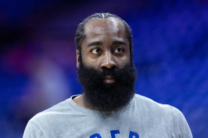 May 12, 2022; Philadelphia, Pennsylvania, USA; Philadelphia 76ers guard James Harden before action against the Miami Heat in game six of the second round of the 2022 NBA playoffs at Wells Fargo Center. Mandatory Credit: Bill Streicher-USA TODAY Sports