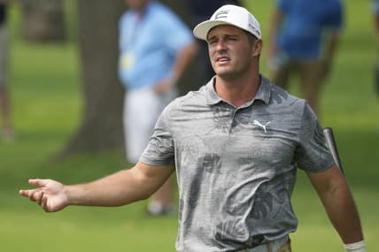 May 17, 2022; Tulsa, Oklahoma, USA; Bryson DeChambeau reacts to his hits from the fairway on the 9th hole during a practice round for the PGA Championship golf tournament at Southern Hills Country Club. Mandatory Credit: Michael Madrid-USA TODAY Sports