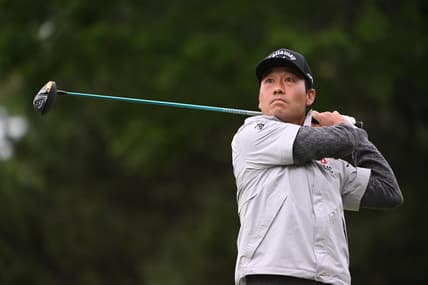 May 21, 2022; Tulsa, OK, USA;  Kevin Na hits his tee shot on the 7th hole during the third round of the PGA Championship golf tournament at Southern Hills Country Club. Mandatory Credit: Orlando Ramirez-USA TODAY Sports