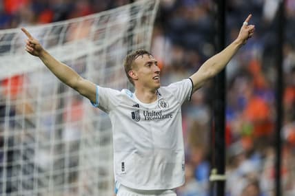 May 21, 2022; Cincinnati, Ohio, USA; New England Revolution forward Adam Buksa (9) reacts after scoring a goal against FC Cincinnati in the first half at TQL Stadium. Mandatory Credit: Katie Stratman-USA TODAY Sports