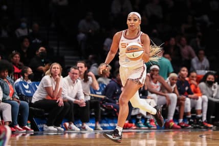 May 17, 2022; Brooklyn, New York, USA;  Connecticut Sun guard DiJonai Carrington (21) at Barclays Center. Mandatory Credit: Wendell Cruz-USA TODAY Sports