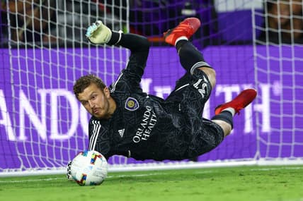 May 25, 2022; Orlando, Florida, USA; Orlando City goalkeeper Mason Stajduhar (31) saves a penalty kick after the end of overtime against Inter Miami at Exploria Stadium. Mandatory Credit: Nathan Ray Seebeck-USA TODAY Sports