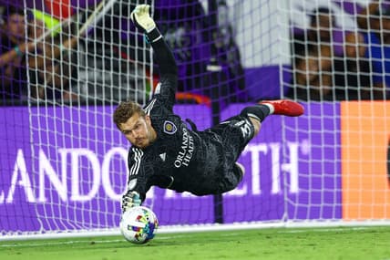 May 25, 2022; Orlando, Florida, USA; Orlando City goalkeeper Mason Stajduhar (31) saves a penalty kick after the end of overtime against Inter Miami at Exploria Stadium. Mandatory Credit: Nathan Ray Seebeck-USA TODAY Sports