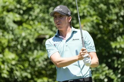 May 26, 2022; Fort Worth, Texas, USA; Carlos Ortiz plays his shot from the eighth tee during the first round of the Charles Schwab Challenge golf tournament. Mandatory Credit: Jim Cowsert-USA TODAY Sports