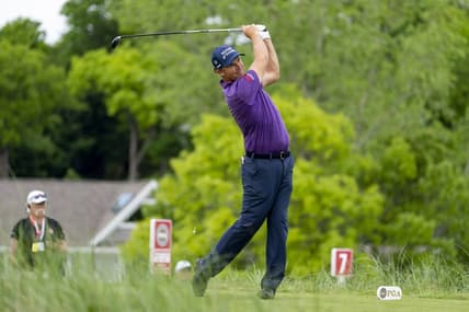 May 26, 2022; Benton Harbor, Michigan, USA; Padraig Harrington hits his tee shot on the eighth hole during the first round of the 2022 KitchenAid Senior PGA Championship at Harbor Shores. Mandatory Credit: Raj Mehta-USA TODAY Sports