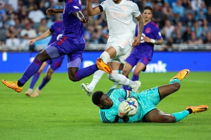 May 28, 2022; Saint Paul, Minnesota, USA; New York City FC goalkeeper Sean Johnson (1) makes a save during the second half against the Minnesota United at Allianz Field. Mandatory Credit: Matt Krohn-USA TODAY Sports