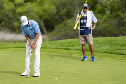 May 29, 2022; Benton Harbor, Michigan, USA; Steven Alker makes his birdie putt on the sixteenth hole during the final round of the 2022 KitchenAid Senior PGA Championship at Harbor Shores. Mandatory Credit: Raj Mehta-USA TODAY Sports