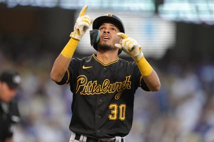 May 31, 2022; Los Angeles, California, USA; Pittsburgh Pirates left fielder Tucupita Marcano (30) celebrates after hitting a two-run home run in the second inning against the Los Angeles Dodgers at Dodger Stadium. Mandatory Credit: Kirby Lee-USA TODAY Sports