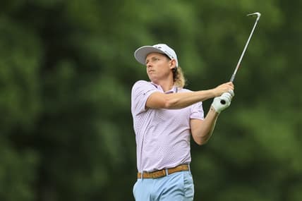 Jun 2, 2022; Dublin, Ohio, USA; Cameron Smith watches his shot from the ninth fairway during the first round of the Memorial Tournament. Mandatory Credit: Aaron Doster-USA TODAY Sports