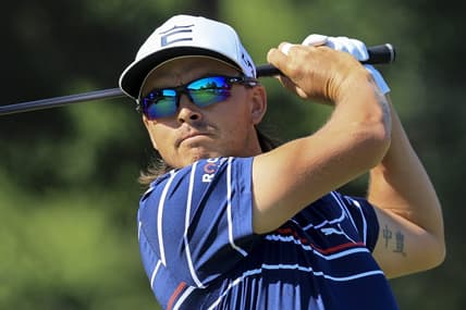 Jun 4, 2022; Dublin, Ohio, USA; Rickie Fowler plays his shot from the second tee during the third round of the Memorial Tournament. Mandatory Credit: Aaron Doster-USA TODAY Sports