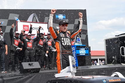 Jun 4, 2022; Madison, Illinois, USA; Camping World Truck Series driver Corey Heim (51) reacts after winning the 9th Annual Toyota 200 at World Wide Technology Raceway at Gateway. Mandatory Credit: Joe Puetz-USA TODAY Sports