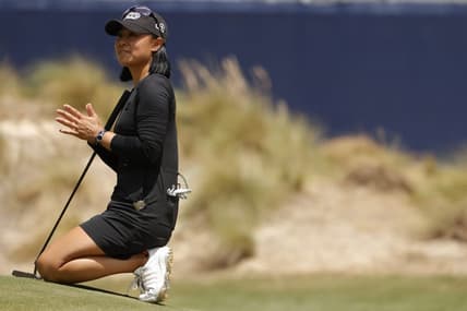 Jun 4, 2022; Southern Pines, North Carolina, USA; Danielle Kang claps on the eighteenth green for Lizette Salas (not pictured) on the first tee during the third round of the U.S. Women's Open. Mandatory Credit: Geoff Burke-USA TODAY Sports