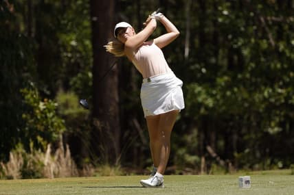 Jun 4, 2022; Southern Pines, North Carolina, USA; Frida Kinhult gestures after hitting her tee shot on the twelfth hole during the third round of the U.S. Women's Open. Mandatory Credit: Geoff Burke-USA TODAY Sports