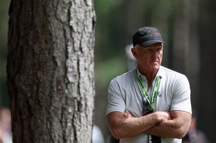 (EDITORS NOTE: photo is for use by U.S. and Canada customers only) June 10, 2022; St. Albans, UK;   LIV golf chief executive Greg Norman looks on during the second round of the inaugural LIV golf invitational golf tournament at the Centurion Club. Mandatory Credit: Paul Childs-Action Images/Reuters via USA TODAY Sports