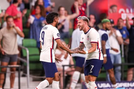 United States forward Paul Arriola (7) and forward Jes  s Ferreira (9) celebrate a score during the match against Grenada at Q2 Stadium in Austin, Texas on June 10, 2022. The United States defeated Grenada 5-0.

Aem Usmnt Vs Grenada 061022 22