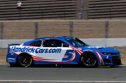 Jun 11, 2022; Sonoma, California, USA;  NASCAR Cup Series driver Kyle Larson (5) practices a day before the race before the start of the NASCAR Truck Series DoorDash 250 at Sonoma Raceway. Mandatory Credit: Stan Szeto-USA TODAY Sports