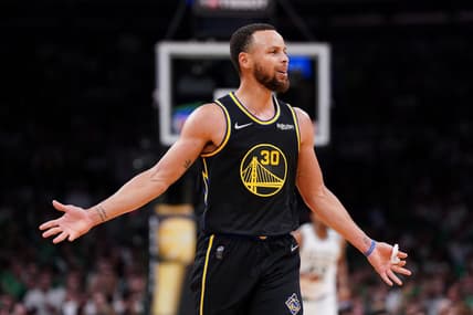 Jun 10, 2022; Boston, Massachusetts, USA; Golden State Warriors guard Stephen Curry (30)  reacts after non-call during the third quarter of game four  against the Boston Celtics in the 2022 NBA Finals at the TD Garden. Mandatory Credit: David Butler II-USA TODAY Sports