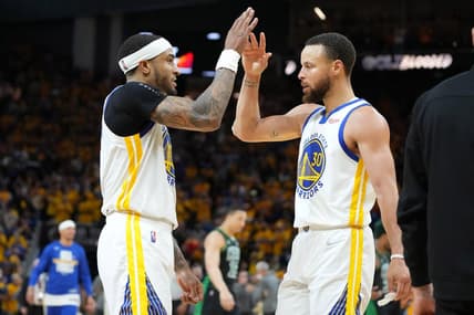 Jun 13, 2022; San Francisco, California, USA; Golden State Warriors guard Stephen Curry (30) celebrates with  guard Gary Payton II (left) after defeating the Boston Celtics in game five of the 2022 NBA Finals at Chase Center. Mandatory Credit: Kyle Terada-USA TODAY Sports