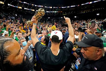 Jun 16, 2022; Boston, Massachusetts, USA; Golden State Warriors guard Stephen Curry (30) celebrates after the Golden State Warriors beat the Boston Celtics in game six of the 2022 NBA Finals to win the NBA Championship at TD Garden. Mandatory Credit: Kyle Terada-USA TODAY Sports