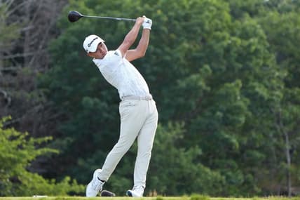 Jun 17, 2022; Brookline, Massachusetts, USA; Collin Morikawa plays his shot from the eighth tee during the second round of the U.S. Open golf tournament. Mandatory Credit: John David Mercer-USA TODAY Sports