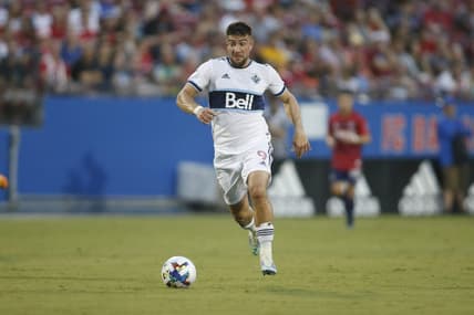 Jun 18, 2022; Frisco, Texas, USA;  Vancouver Whitecaps forward Lucas Cavallini (9) controls the ball against FC Dallas in the first half at Toyota Stadium. Mandatory Credit: Tim Heitman-USA TODAY Sports