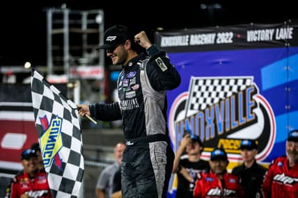 NASCAR Camping World Truck Series driver Todd Gilliland (17) celebrates after winning the Clean Harbors 150 presented by Premier Chevy Dealers, Saturday, June 18, 2022, at Knoxville Raceway in Knoxville, Iowa.

220618 Nascar Trucks Ia 010 Jpg